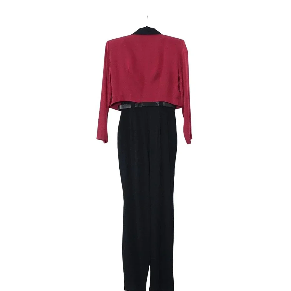 Black Wine Jumpsuit, with Cropped Jacket, Jaquard Floral Pattern, by Dawn Joy II - Picture 3 of 10